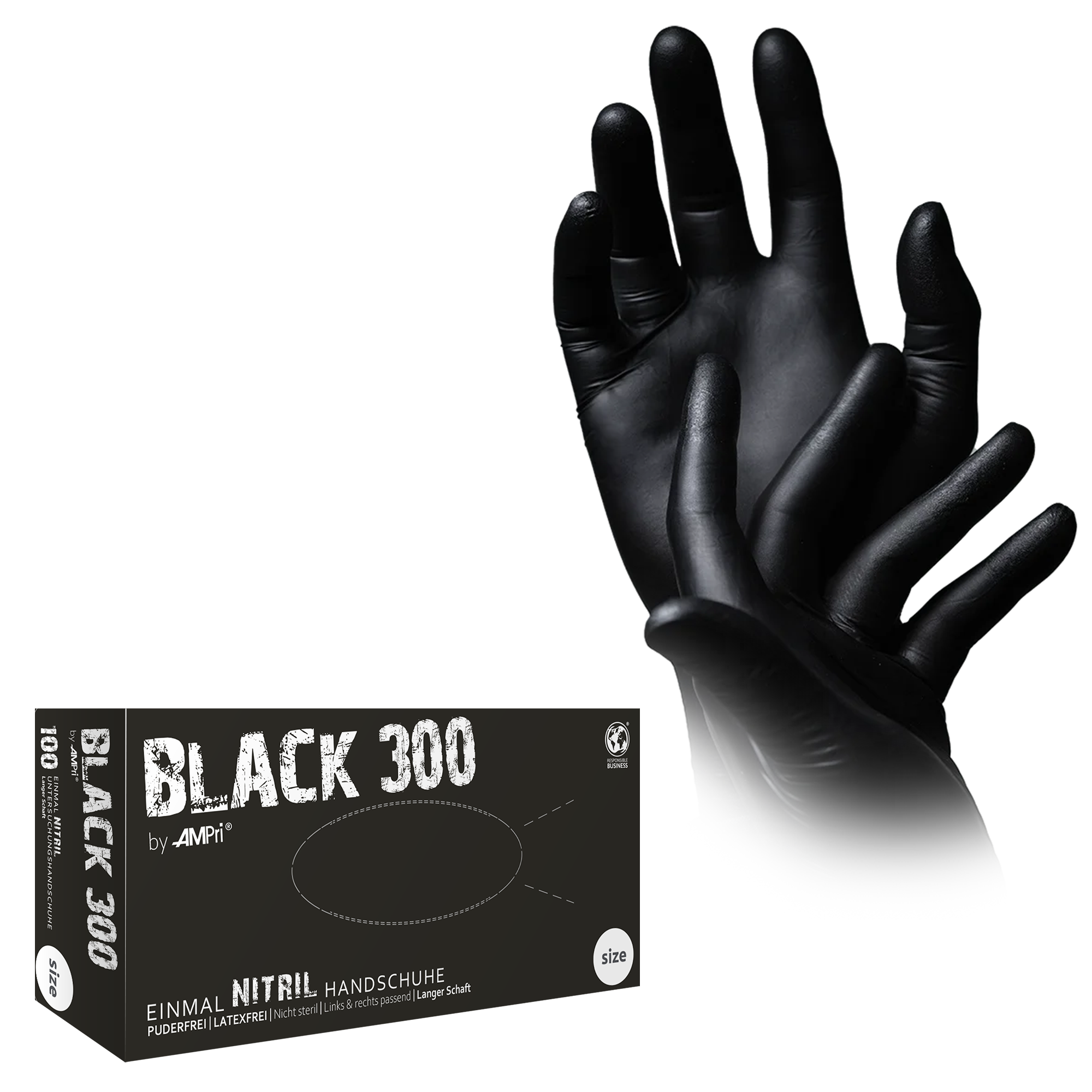 Guante de nitrilo negro Black 300 con puño largo de 300 mm — caja de 100 unidades y guantes puestos