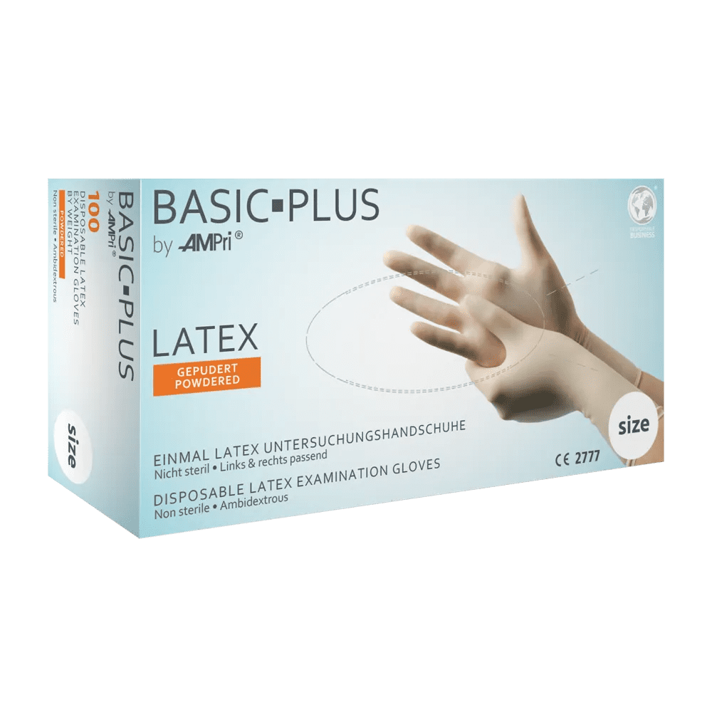 Caja dispensadora de guantes de látex Basic-Plus con polvo, 100 unidades