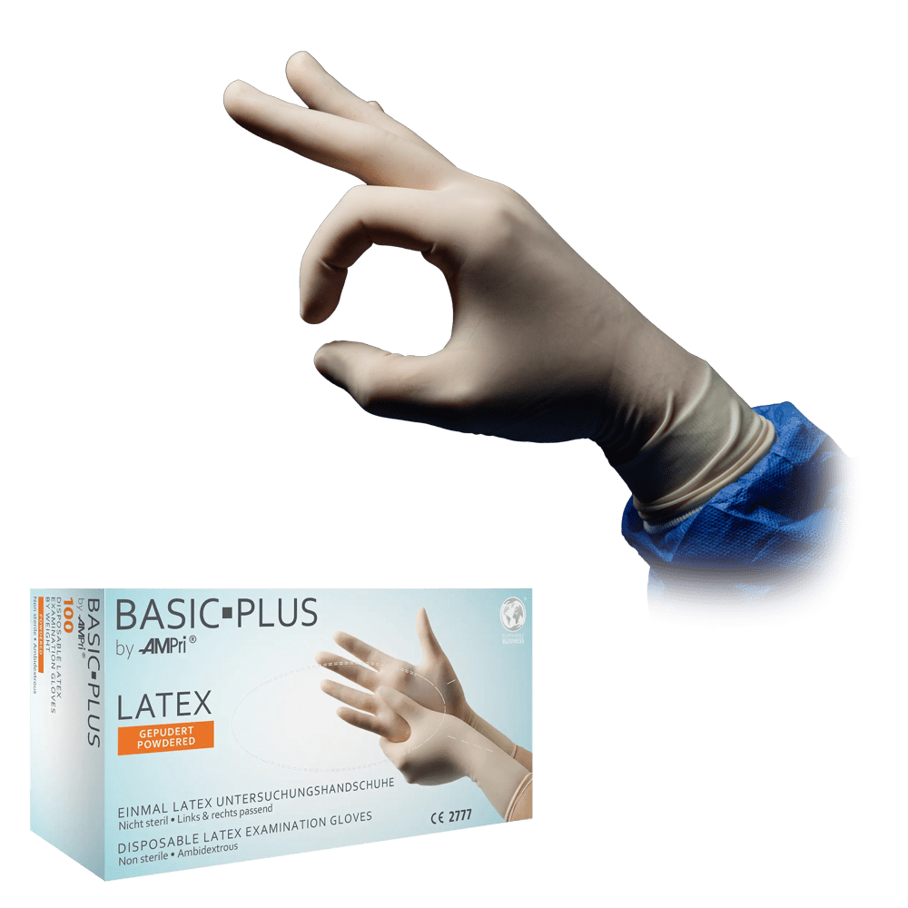 Guante de látex Basic-Plus AQL 1,5 con polvo — caja de 100 unidades y guante puesto